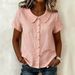 Women's Solid Color Peter Pan Collar Shirt Casual Loose Fit Cotton Linen Blend Short Sleeve Top For Summer_ecoleips.com