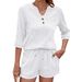 Women's Clothing Spring And Summer New Solid Color V Neck Mid Sleeve Loose T Shirt Pocket Shorts Suit_ecoleips.com