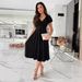 Women's Clothing Sexy V Neck Solid Color Short Sleeved Mid Length Dress_ecoleips.com