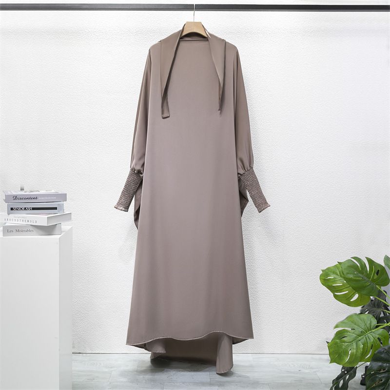 Ethnic Maxi Dress With Scarf – Long Sleeve Loose Fit Boho Dress For Women, Oversized Flare Skirt, High Neck, Solid Color_ecoleips.com