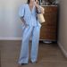 Women's Clothing Spring And Summer New Sweet Solid Color Suit Pure Cotton V Neck Top Bubble Short Sleeved Trousers 2 Piece Set_ecoleips.com