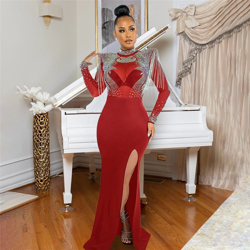 Women's Clothing New Sexy Perspective Mesh Hot Diamond Slim Slit Dress_ecoleips.com