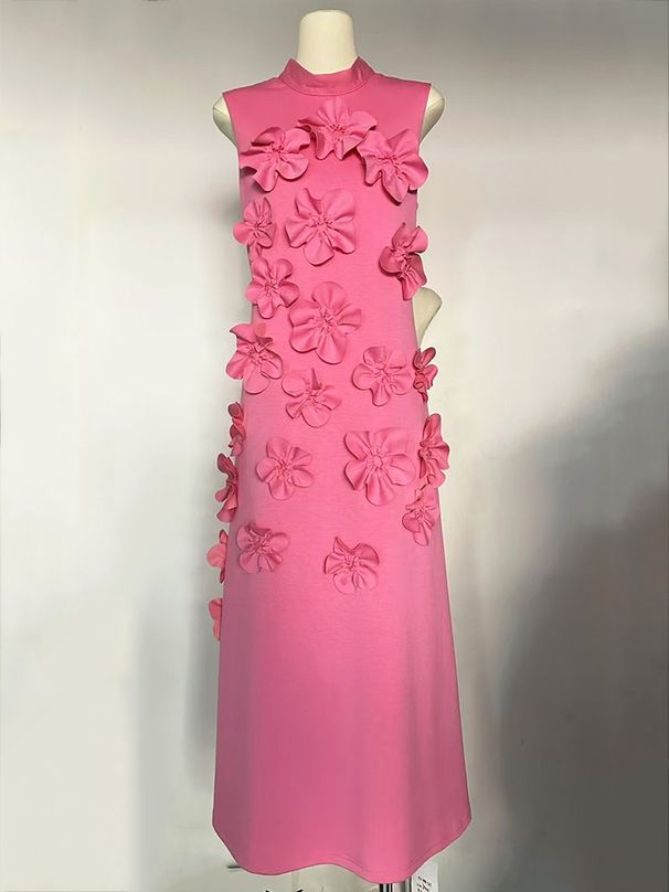 Couture Dress – Sculpted Floral Collar & Empire Waist (Black/Pink/Chartreuse/Purple/Red, Polyester Blend, A-Line Silhouette For Timeless Elegance)_ecoleips.com