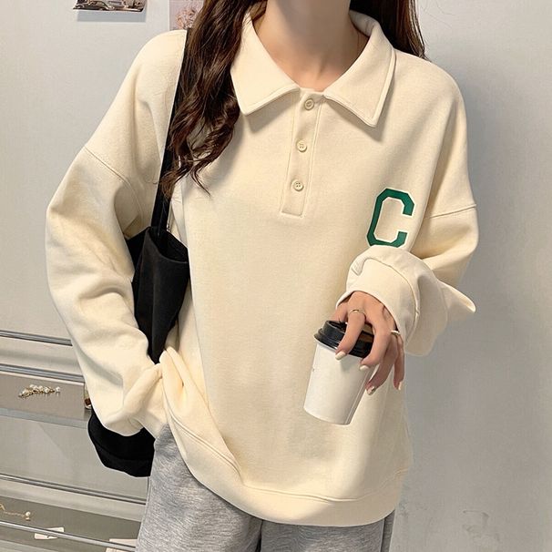 Autumn Korean Style Polo Lapel Long-Sleeved Sweater For Female Students Loose Style Letter Print Top Wholesale_ecoleips.com