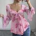 Voya Women's Spring And Summer New Style Pink Floral Bow Tie Tied Trumpet Sleeves Slim Fit Short Chiffon Top_ecoleips.com
