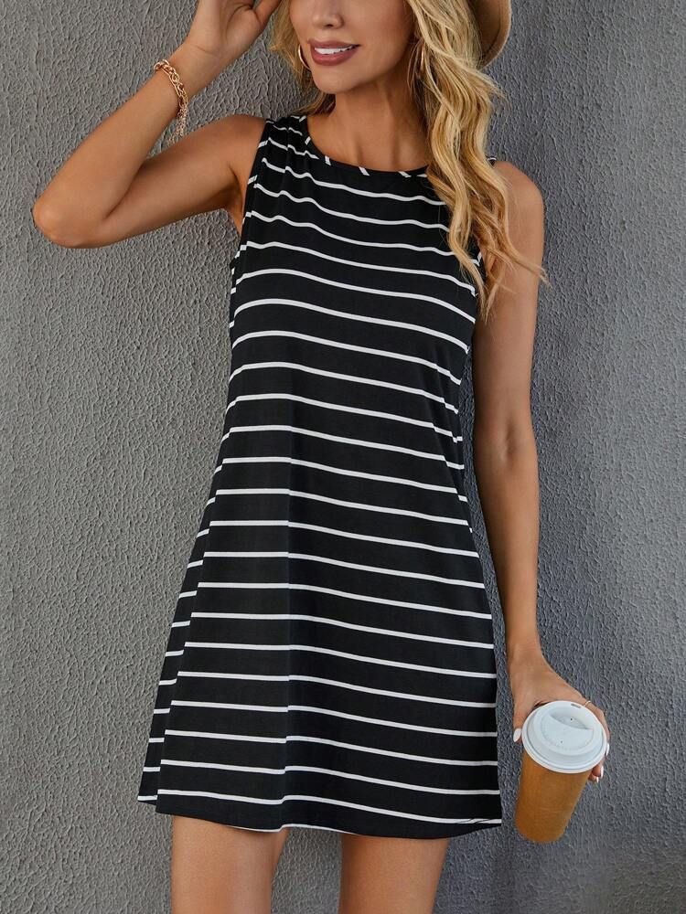 Women's Striped Casual Midi Dress Loose Round Neck Sleeveless A-Line Skirt Breathable Clothing_ecoleips.com