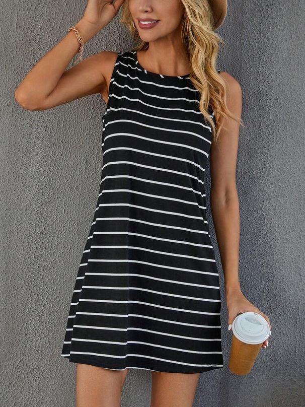 Women's Striped Casual Midi Dress Loose Round Neck Sleeveless A-Line Skirt Breathable Clothing_ecoleips.com