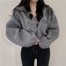"Women's Short Puffer Jacket Stand Collar Fleece-Lined Zip-Up Coat Winter Casual Loose Fit Outerwear Beige/Grey/Navy"_ecoleips.com