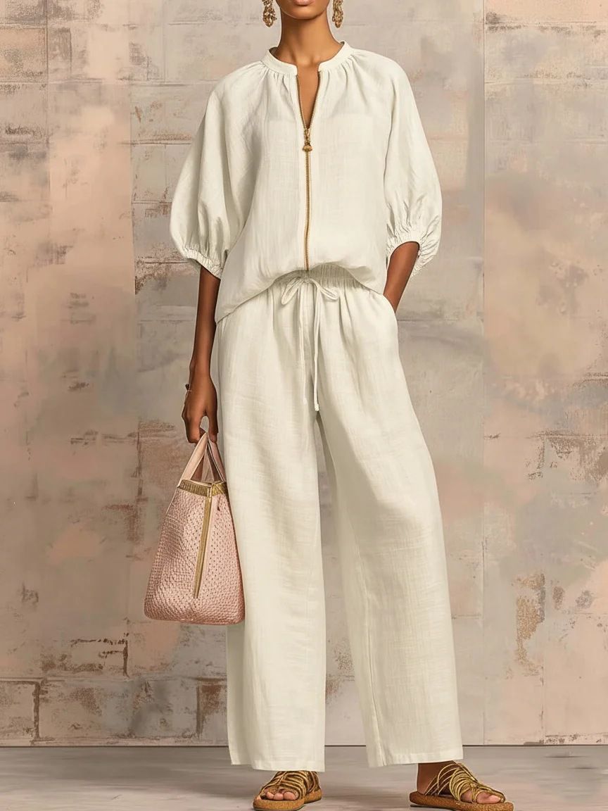 2026 Women's European American Style Linen Wide Leg Pant Set Summer Independent Website Bestseller Two Piece Outfit_ecoleips.com