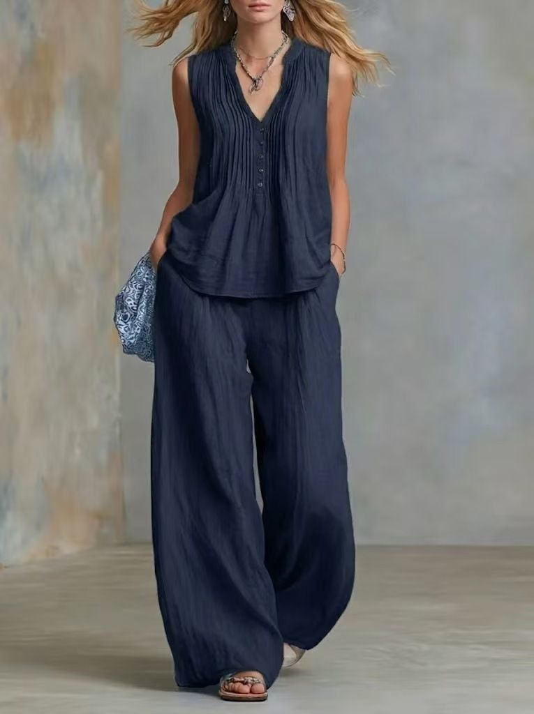 Women's Fashion Casual Solid Color Two Piece Set V Neck Gathered Loose Sleeveless Top with Casual Trousers European And American Style_ecoleips.com