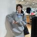 Polo Collar Two-piece Gray Sweatshirt For Women, Spring Korean Fashion, College Style, Casual And Loose-fitting Top_ecoleips.com
