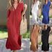 Women's Summer Dress V-Neck Three Quarter Sleeves Side Slit Pockets Pleated Chest Casual Thin Material European American Style_ecoleips.com