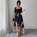 Women's Floral Print Square Neck Midi Dress Elegant A-Line Swing Dress with 3/4 Sleeves Artistic Botanical Print_ecoleips.com