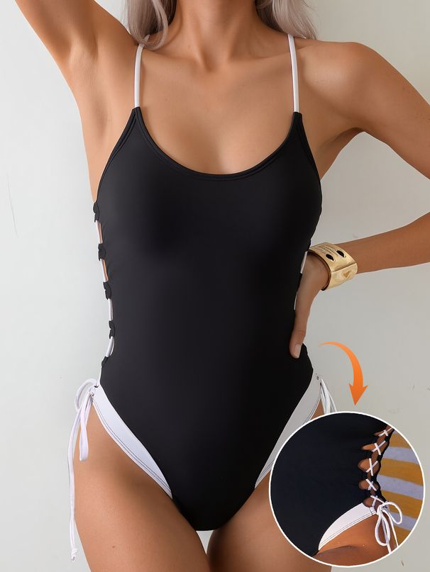 Women's Color Block One Piece Bikini Swimsuit Hollowed Out Straps Style Design_ecoleips.com