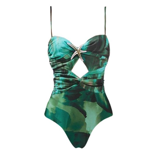 Women's Clothing Swimwear New Green Ink Print Hollow One Piece Swimsuit And Slit Umbrella Skirt Holiday Suit_ecoleips.com