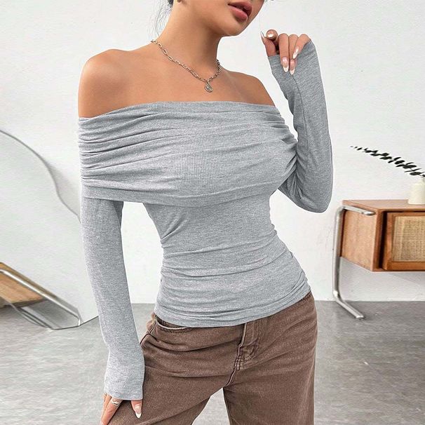 Voya New European And American Sexy Off Shoulder One Neck Slim Knit Long Sleeved Fashionable Top For Women's Clothing_ecoleips.com