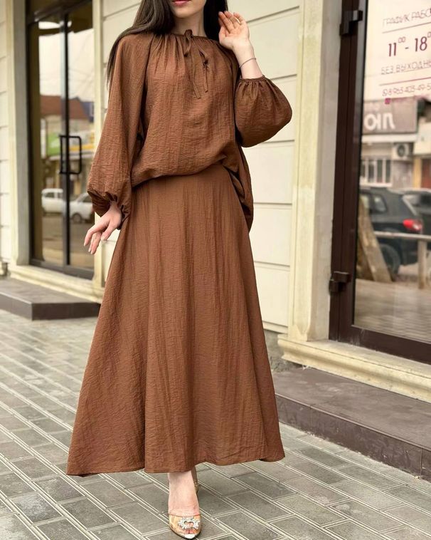 Women's Clothing Muslim Style Puff Sleeve Loose Top Big Swing Skirt_ecoleips.com