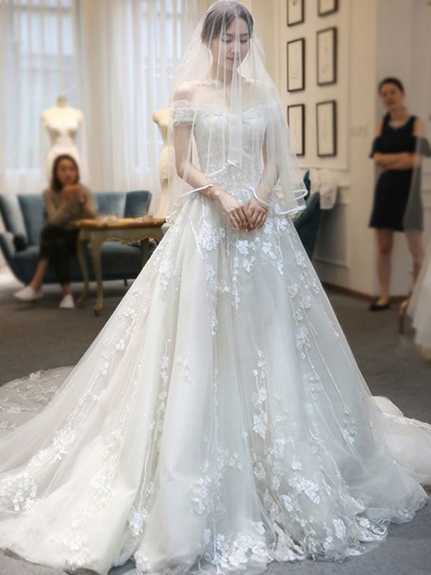 Women's Clothing New Bride French One Shoulder Princess Dreamy Simple Slim Long Tail Wedding Dress Female_ecoleips.com