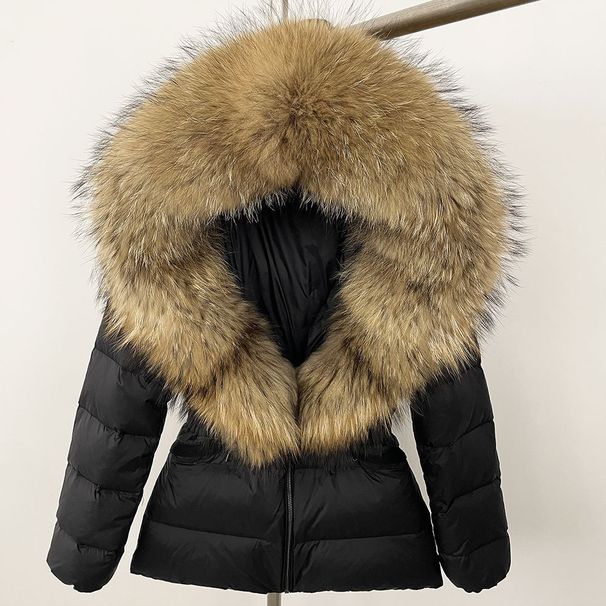 Luxury Faux Fur Trim Hooded Down Jacket For Women, Slim Fit Waist Belt, Warm Winter Coat With Detachable Fox Fur Collar, Polyester Shell_ecoleips.com