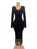 Women's Sexy V Neck Tassel Hem Bodycon Skirt Solid Color Single Breasted Long Knitted Dress_ecoleips.com