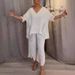 Bohemian Linen V-Neck Top With Distressed Detailing & Irregular Hemline - Breathable Cotton Blend Casual Wear For Women_ecoleips.com