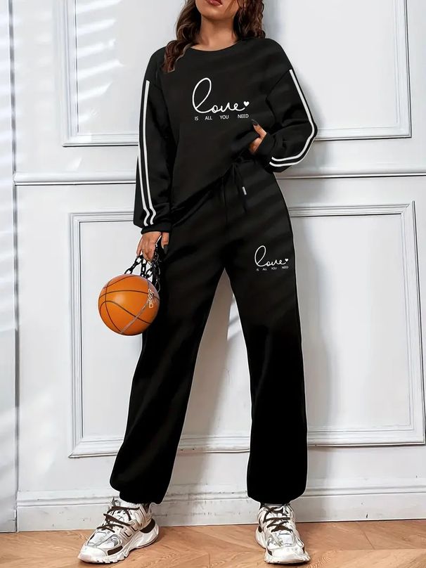 Women's Casual Sportswear Set Letter Print Crew Neck Sweatshirt And Trousers Trendy European American Style 9019 Print New_ecoleips.com