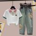 Women's Clothing Women's Fashionable Short Sleeved Shirt Collar Embroidered Bear Ethnic Style Trendy Style Set With Versatile Jeans_ecoleips.com