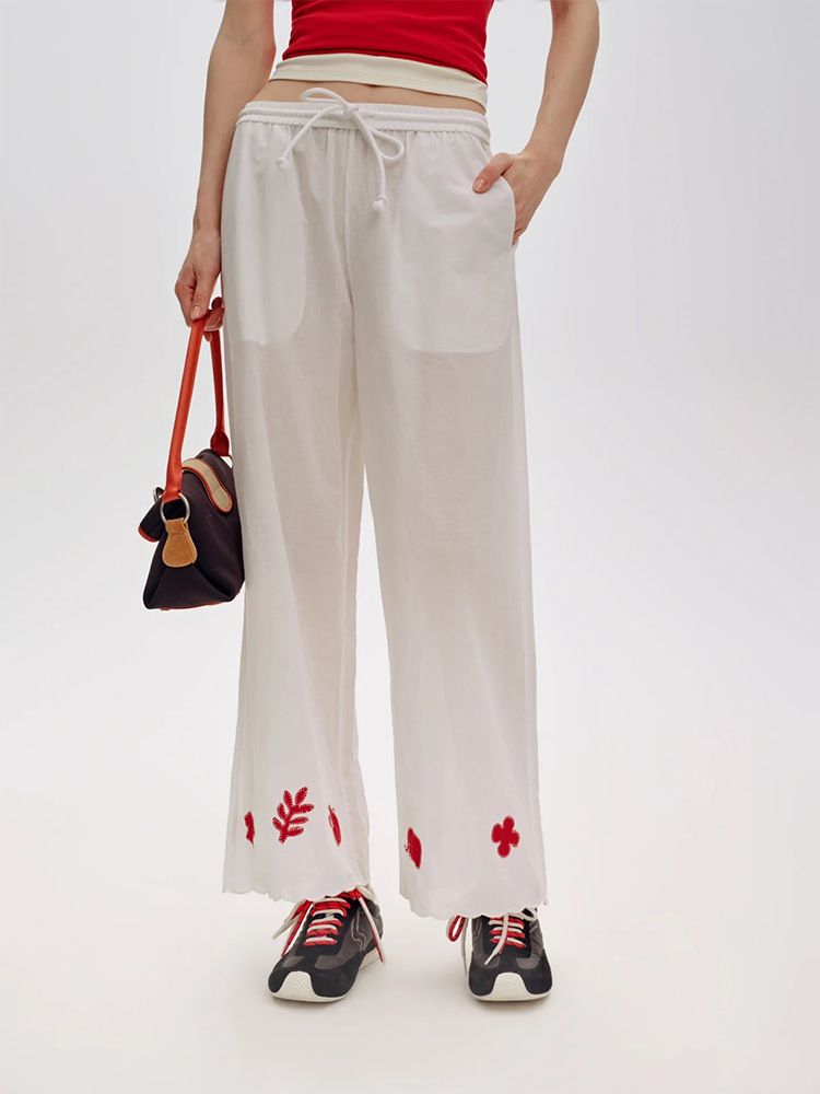 Suitable For All Seasons Si Designer Patch Embroidery Linen Wide-Leg For Women 25 Summer Fashion Casual Elastic Drawstring Long Pants 7891_ecoleips.com
