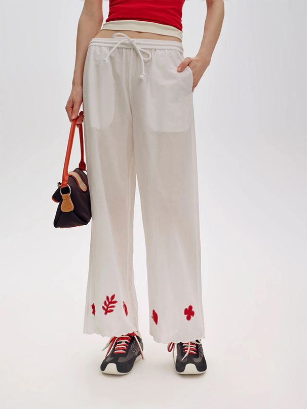 Suitable For All Seasons Si Designer Patch Embroidery Linen Wide-Leg For Women 25 Summer Fashion Casual Elastic Drawstring Long Pants 7891_ecoleips.com