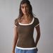 2026 Cross-Border Bestseller Ribbed Square Neck Contrast Color Short Sleeve T-Shirt For Women, Spring/Summer Commuting_ecoleips.com