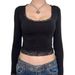 Women's Clothing Spring and autumn hot girl style sexy U neck lace bow stitching slim fit long sleeve Y2K bottoming shirt T shirt_ecoleips.com