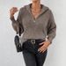 Women's Clothing Zip-Up Polo Neck Knit Sweater - Breathable Polyester Blend Casual Pullover With Ribbed Detailing_ecoleips.com