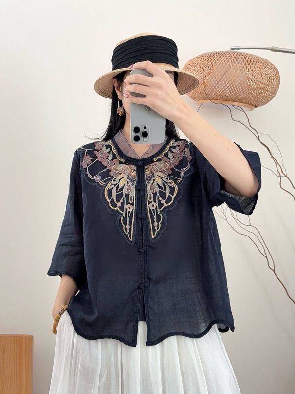 Cotton And Linen Heavy Industry Embroidered Half Sleeve Spring And Summer Shirt Women's Slimming All-Match Half Sleeve E_ecoleips.com