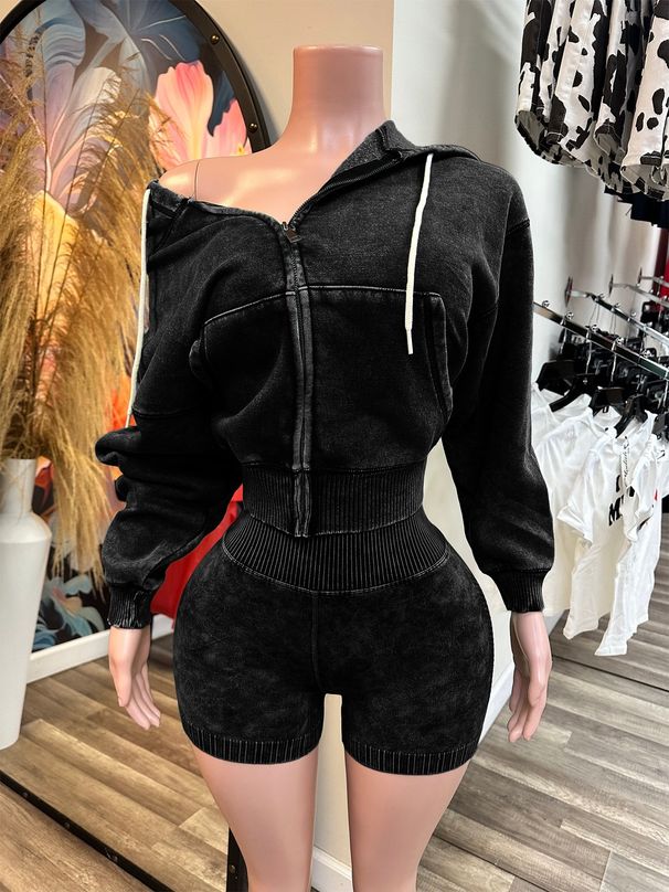 Women's European American Style Washed Fleece Lined Hooded Top And Distressed Shorts Two Piece Set Zip up Sports Clothing_ecoleips.com