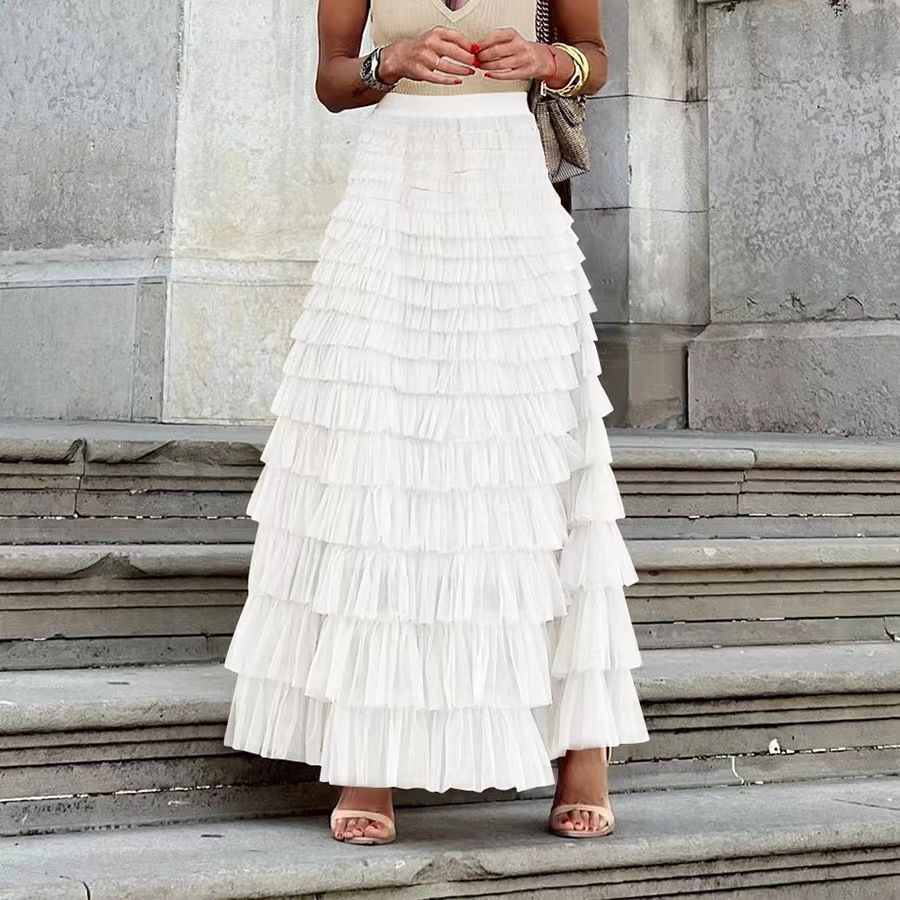 Verve New French Style Long For Women, Autumn Elegant Solid Color High Waist Mesh Cake Skirt, Puffy Midi Skirt_ecoleips.com
