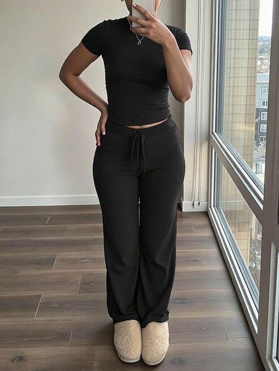 Women's Solid Color Slim Fit Pant Set Casual Sportswear Short Sleeved Drawstring Trousers European American Style Independent Amazon Store Foreign Trade_ecoleips.com