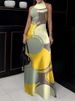 Freeacy Women's Sexy Printed Skinny Dress High Neck Sleeveless High Waist Pleated Party Dress Floor Length Evening Dresses_ecoleips.com
