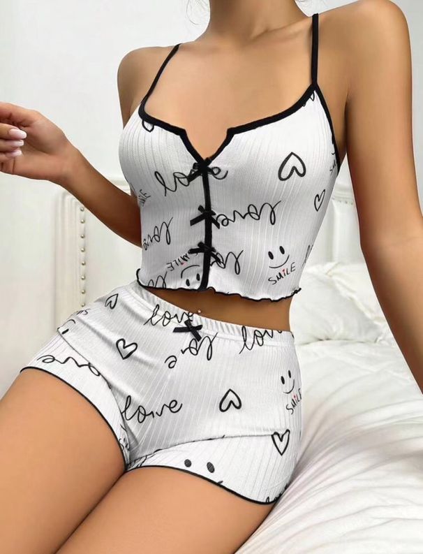Women's Heart Shaped Printed Pajamas Set Contrast Color Home Clothes Front Slit Suspender Design New_ecoleips.com