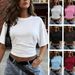Women's Summer Smocked Waist T-Shirt - Slim Fit Round Neck Short Sleeve Top In Solid Colors_ecoleips.com