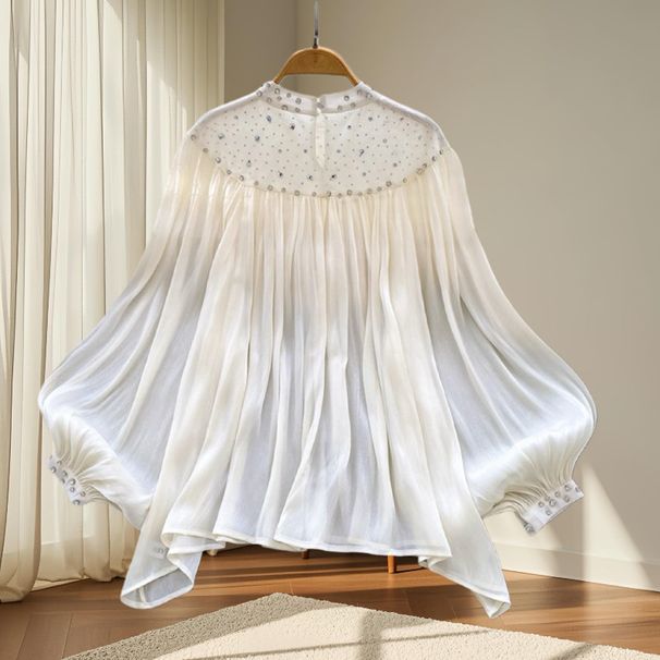 Korean-Inspired Floral Embellished Blouse – Elegant Fringe & Flowy Sleeves (S-L, Versatile For Work & Date Night)_ecoleips.com