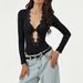 Voya Spring And Summer Black V-neck Lace Edge Twisted Long Sleeved Top With Hollow Chest Design, Slim Fit And Temperament, Paired With A Jumpsuit_ecoleips.com