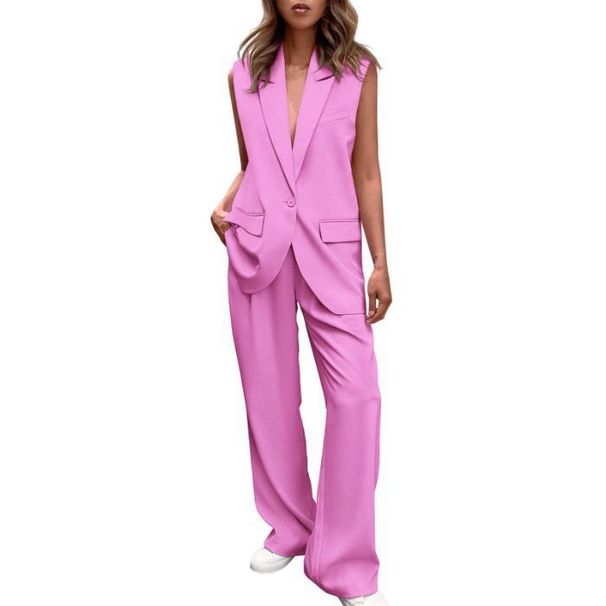 Women's Elegant Sleeveless Button Down Suit Loose Trouser Set Spring Autumn New Style_ecoleips.com