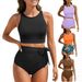 1pc Women 2026 Solid Color European American Style High Waist Sporty Swimwear Fashion Bathing Suit_ecoleips.com