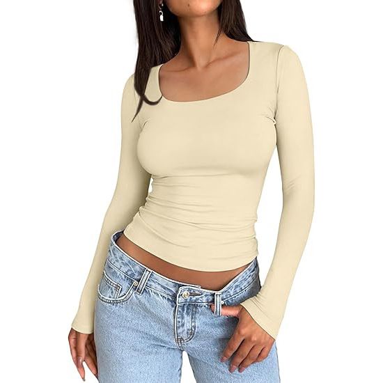 European And American Style Women's Slim Fit T-Shirt Cross Border Long Sleeve Cropped Pullover Milk Silk Short Style Beauty Clothes For Autumn_ecoleips.com