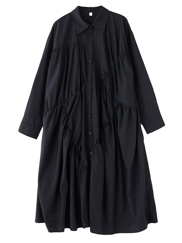 Oversized Black Vintage Pleated Shirt Dresses For Women New Long Sleeve Loose Casual Dress Elegant Clothing Spring Autumn 2025_ecoleips.com