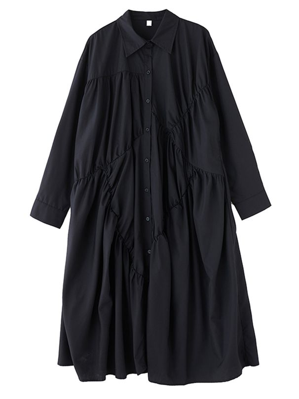 Oversized Black Vintage Pleated Shirt Dresses For Women New Long Sleeve Loose Casual Dress Elegant Clothing Spring Autumn 2025_ecoleips.com