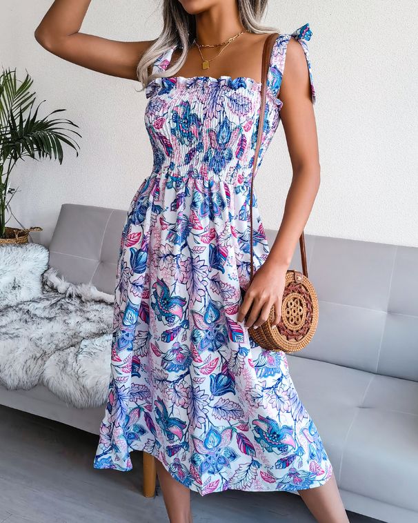 Clearance Sale: New Spring/Summer European And American Sleeveless Tie-Strap Printed Midi Dress For Vacation,_ecoleips.com