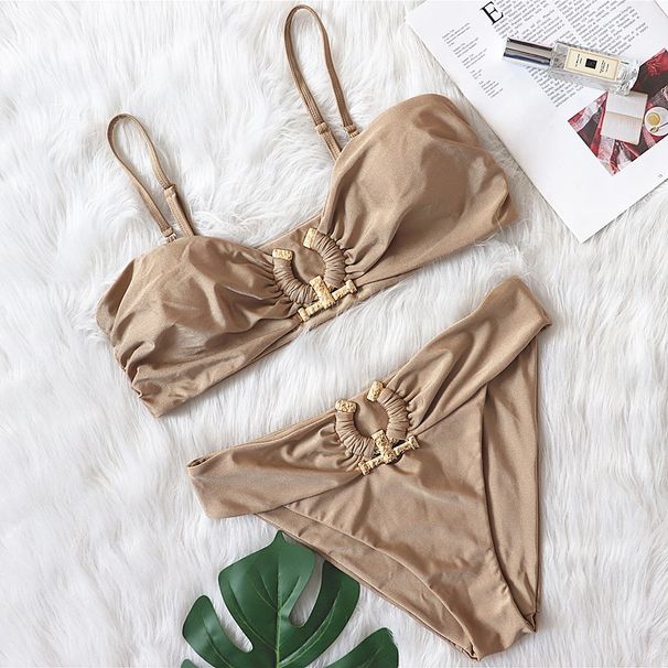 Women's High-Waisted Strapless Bikini Two-Piece Swimsuit Solid Color Cutouts Metallic Embellishments_ecoleips.com