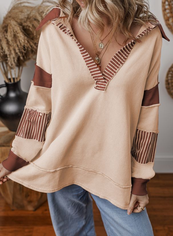 Women's Clothing Deep V Neck Striped Color Block Long Sleeve Loose Fitting Sweatshirt Casual Versatile Top For Women_ecoleips.com