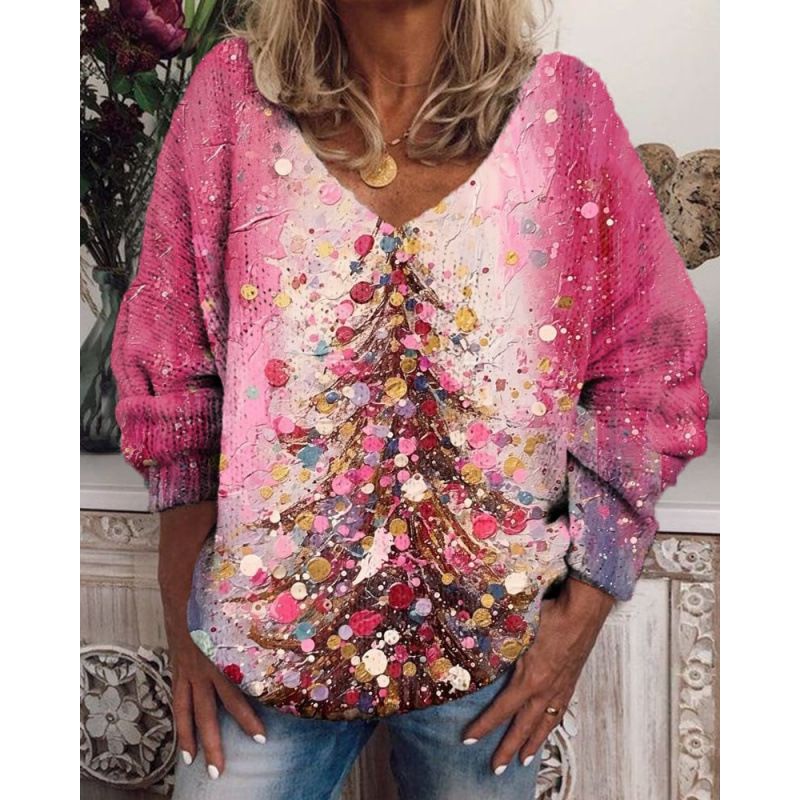 3D Digital Print V-Neck Sweater – Women’s Chunky Knit Pullover (S-5XL, Polyester Blend, Elegant & Streetwear Versatile)_ecoleips.com